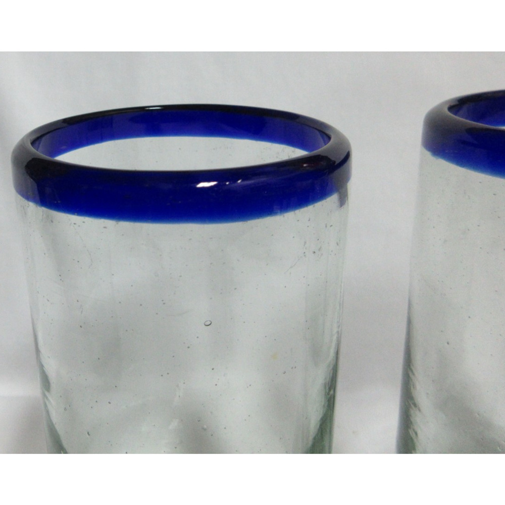 Set Of 3 Hand Blown Glass Mexican Recycled Tumblers Cobalt Rim 6” - Picture 2 of 4